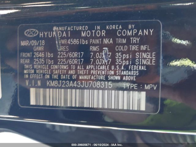 KM8J23A43JU708315 Hyundai TUCSON SE