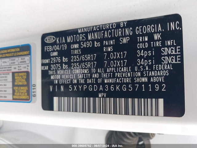 KIA Sorento 2.4l Lx 2019 5XYPGDA36KG571192 Image 9