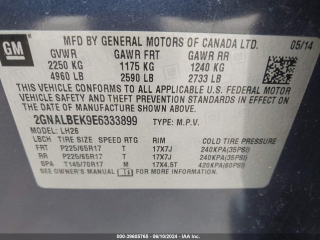 Chevrolet EQUINOX 1LT 2014 2GNALBEK9E6333899 Image 9
