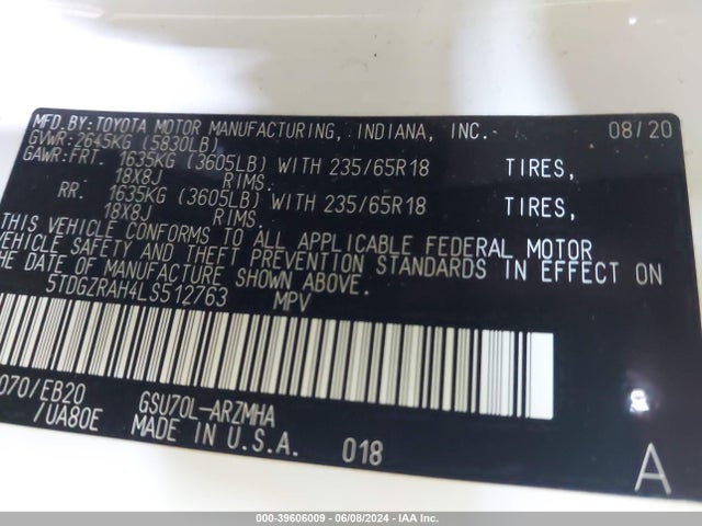 Toyota Highlander Xle 2020 5TDGZRAH4LS512763 Image 9