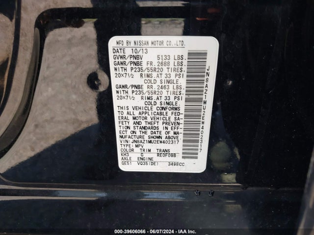 Nissan Murano Le 2014 JN8AZ1MU2EW402317 Image 9