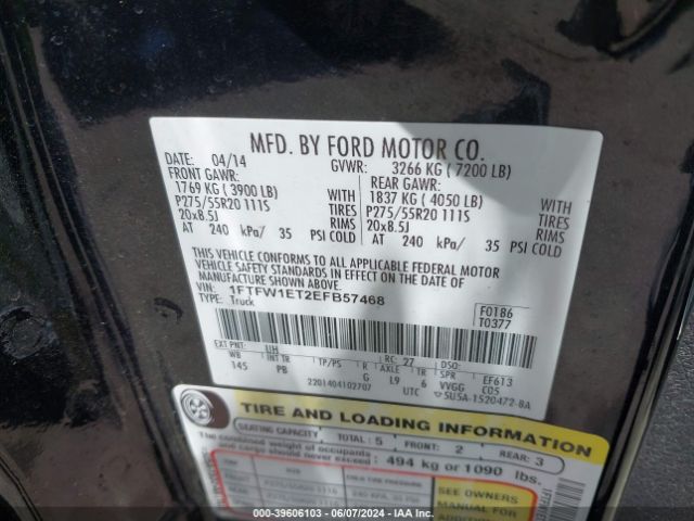 1FTFW1ET2EFB57468 Ford F-150 Platinum