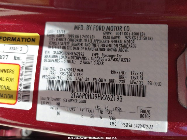 Ford FUSION SE 2017 3FA6P0HD9HR262193 Image 9