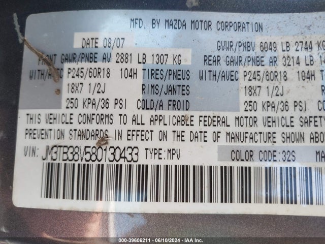 Продажа на аукционе авто 2008 Mazda Cx-9 Sport, vin: JM3TB38V580130433, номер лота: 39606211