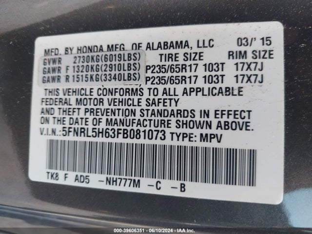 Honda Odyssey Ex-l 2015 5FNRL5H63FB081073 Image 9