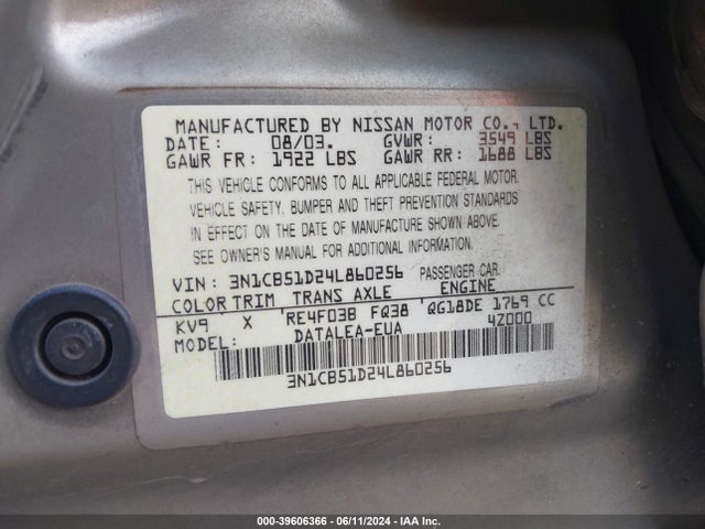 Aukcja sprzedaży 2004 Nissan Sentra 1.8s, vin: 3N1CB51D24L860256, numer aukcji: 39606366