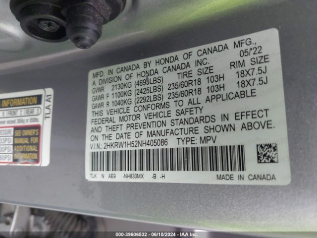 2HKRW1H52NH405086 Honda Cr-v 2wd Ex