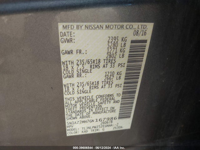 Nissan MURANO S 2016 5N1AZ2MH7GN167986 Image 9