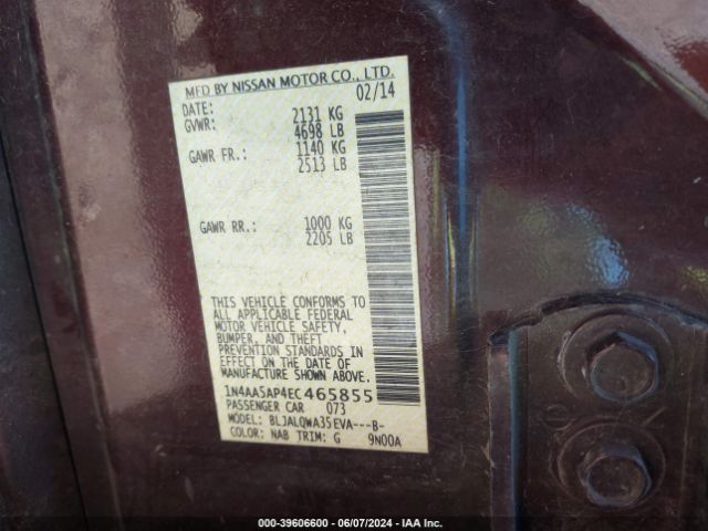 1N4AA5AP4EC465855 Nissan Maxima 3.5 S/3.5 Sv