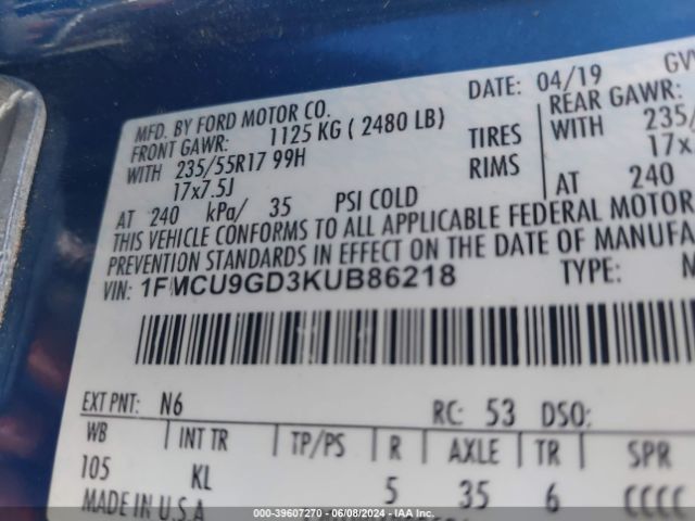 1FMCU9GD3KUB86218 Ford ESCAPE SE