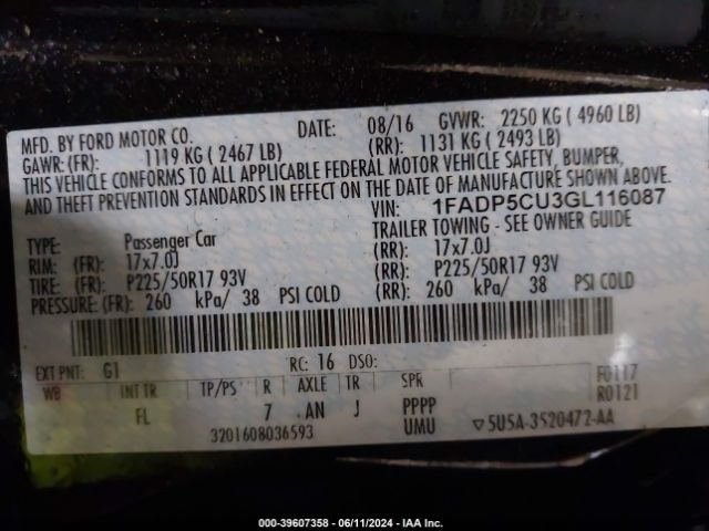 1FADP5CU3GL116087 Ford C-max Energi Sel