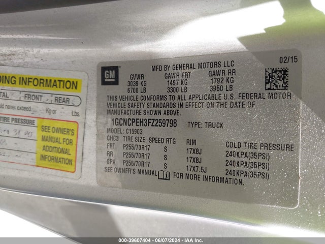 Chevrolet Silverado 1500 Wt 2015 1GCNCPEH3FZ259798 Image 9