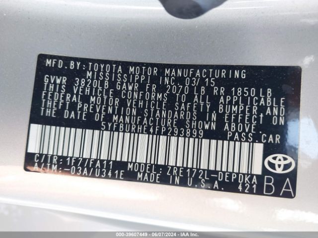 5YFBURHE4FP293899 Toyota COROLLA L