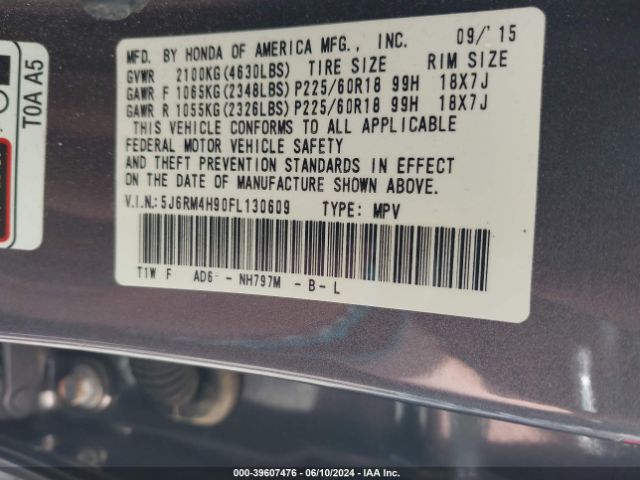 5J6RM4H90FL130609 Honda Cr-v Touring