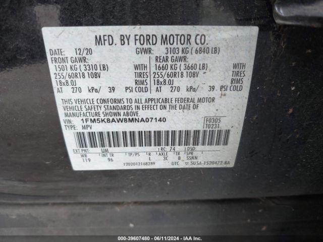 1FM5K8AW8MNA07140 Ford Police Interceptor Utility