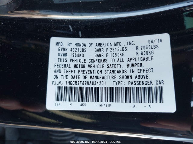 Honda Accord Ex-l 2017 1HGCR2F89HA034201 Image 9