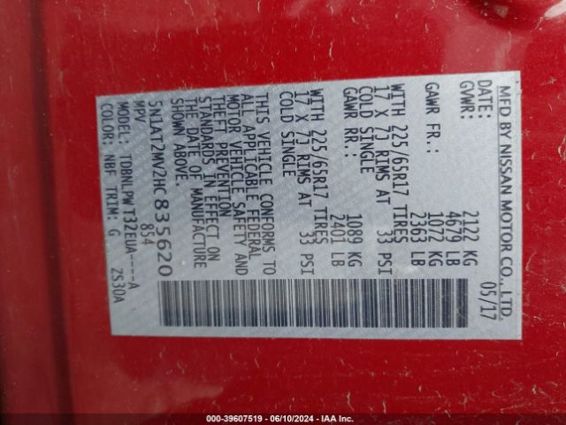 5N1AT2MV2HC835620 Nissan ROGUE S