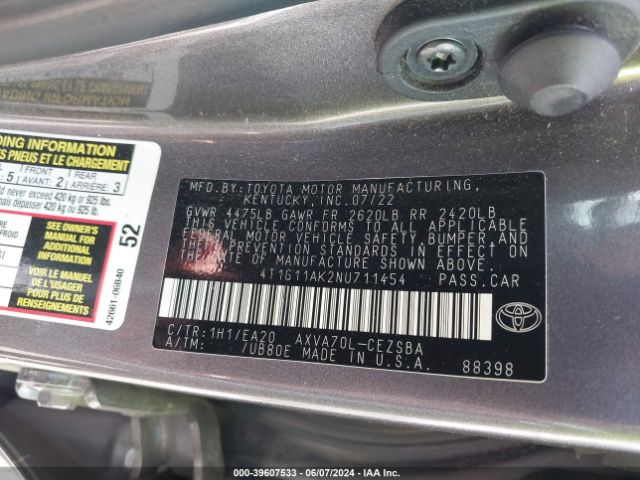 4T1G11AK2NU711454 Toyota CAMRY SE