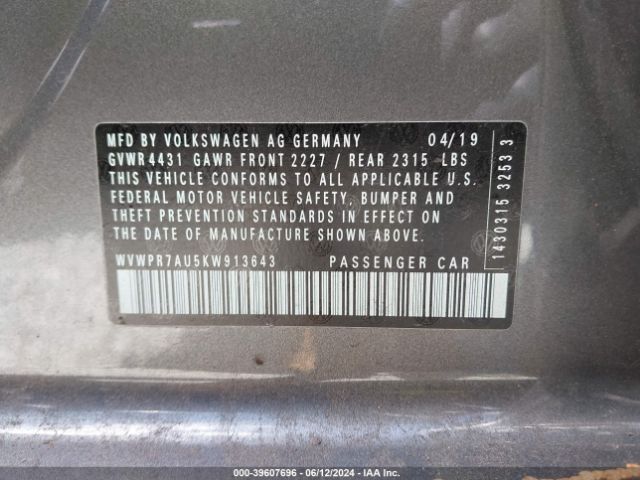 WVWPR7AU5KW913643 Volkswagen E-golf Sel Premium