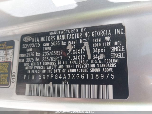 5XYPG4A3XGG118975 KIA Sorento 2.4l L