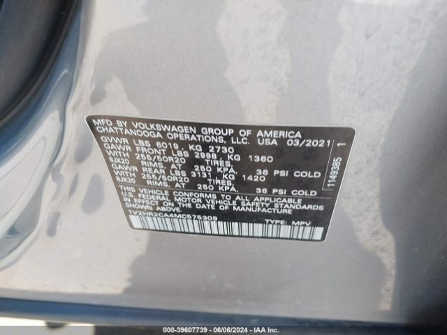 1V2HR2CA4MC575309 Volkswagen Atlas 3.6l V6 Se W/technology