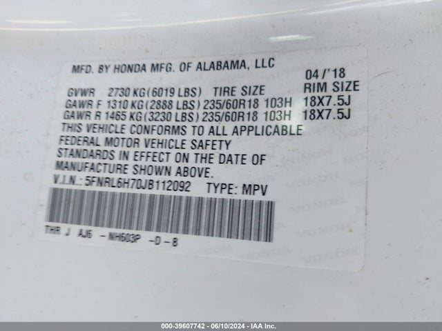 Honda Odyssey Ex-l 2018 5FNRL6H70JB112092 Image 9