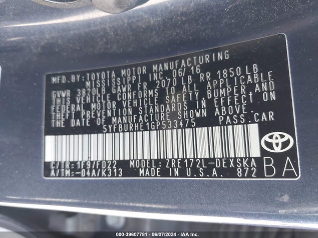 Toyota Corolla S Plus 2016 5YFBURHE1GP533475 Image 9