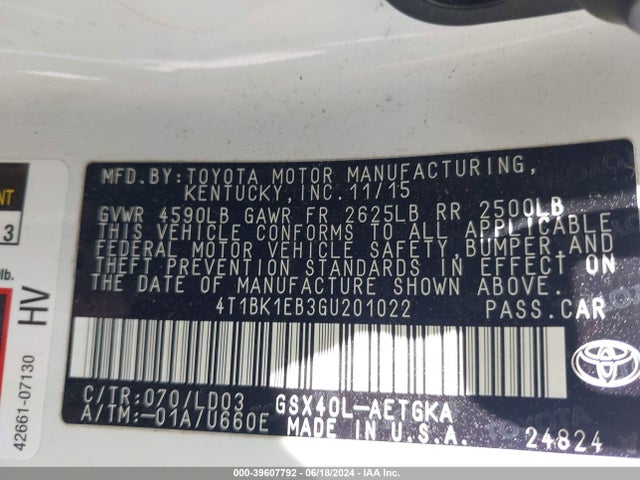 Toyota AVALON XLE 2016 4T1BK1EB3GU201022 Image 9