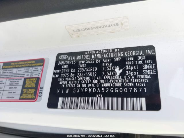 5XYPKDA52GG007871 KIA Sorento 3.3l Sx