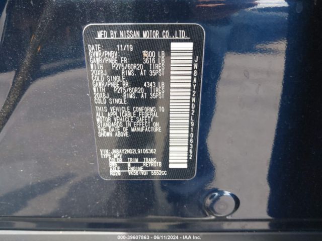JN8AY2ND2L9106362 Nissan Armada Sl 2wd