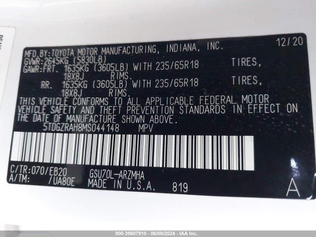 Toyota Highlander Xle 2021 5TDGZRAH8MS044148 Image 9