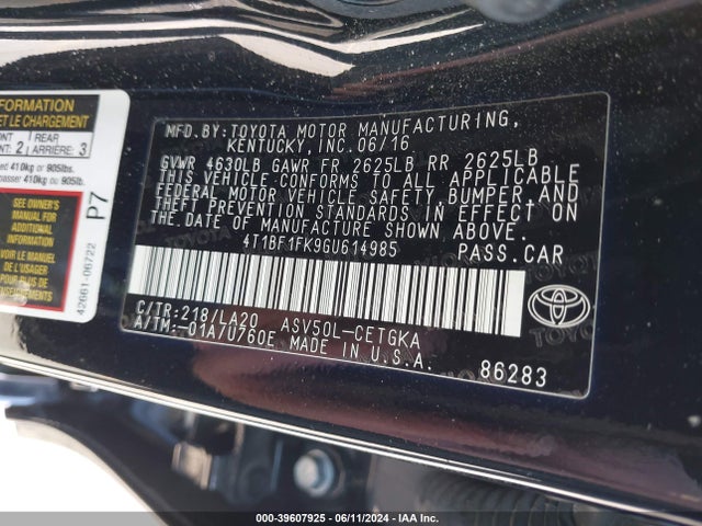 Toyota CAMRY XLE 2016 4T1BF1FK9GU614985 Image 9