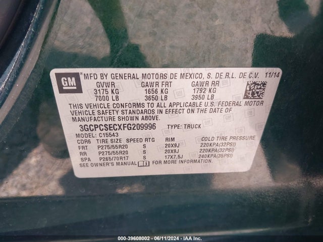 Chevrolet Silverado 1500 1lz 2015 3GCPCSECXFG209996 Image 9