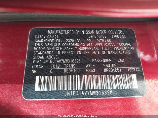 JN1BJ1AV7MW316328 Nissan Rogue Sport S Fwd Xtronic Cvt