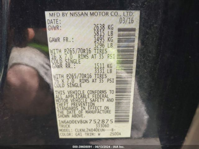 1N6AD0EV8GN752875 Nissan Frontier Pro-4x/s/sl/sv