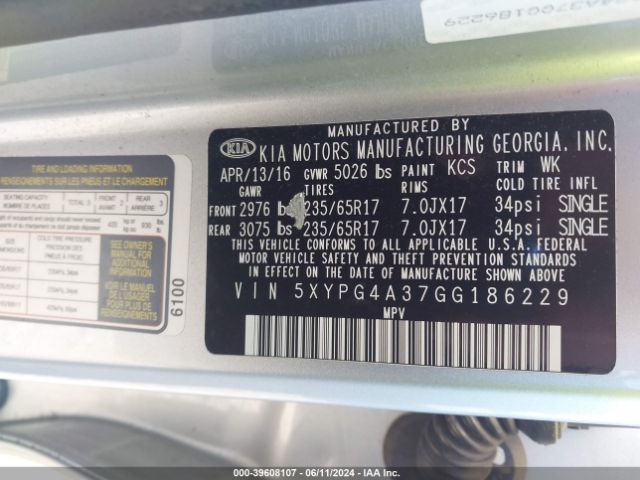5XYPG4A37GG186229 KIA Sorento 2.4l L