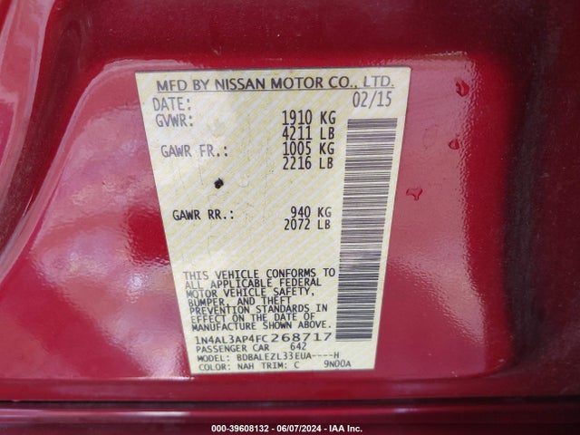 Nissan Altima 2.5 S 2015 1N4AL3AP4FC268717 Image 9