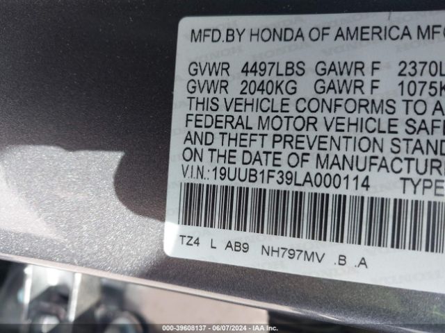 19UUB1F39LA000114 Acura Tlx Standard