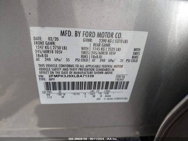 Ford EDGE SEL 2020 2FMPK3J9XLBA71339 Image 9
