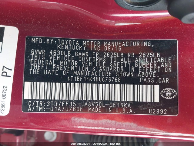 Toyota CAMRY SE 2017 4T1BF1FK1HU676768 Image 9