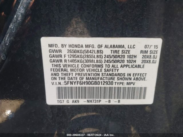 5FNYF6H90GB012930 Honda Pilot Touring