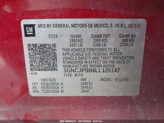 Chevrolet Trax Awd Lt 2020 3GNCJPSB6LL125147 Image 9