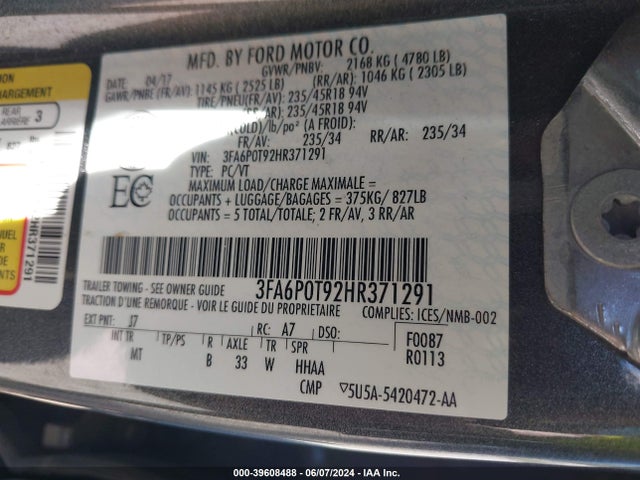 Ford FUSION SE 2017 3FA6P0T92HR371291 Image 9