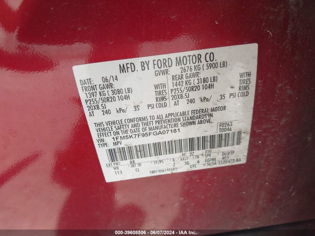 Ford Explorer Limited 2015 1FM5K7F95FGA07181 Image 9