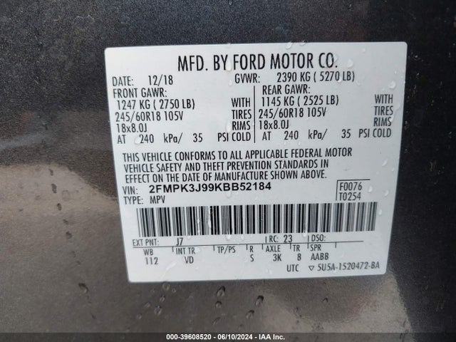 Ford EDGE SEL 2019 2FMPK3J99KBB52184 Image 9