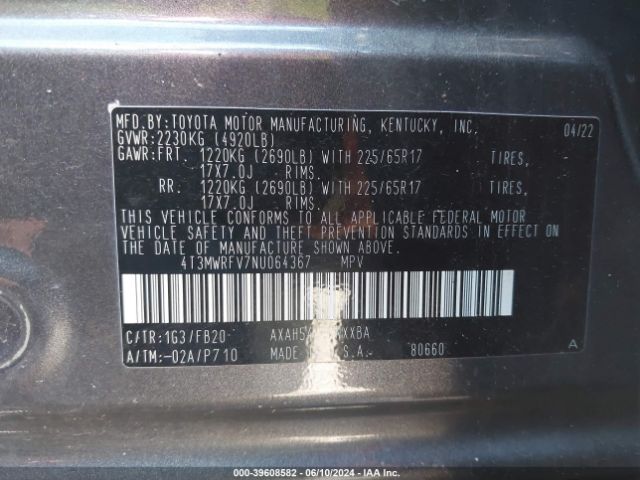 4T3MWRFV7NU064367 Toyota Rav4 Le Hybrid
