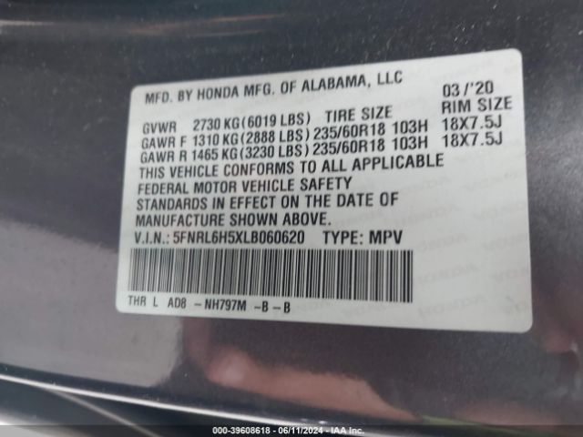 5FNRL6H5XLB060620 Honda ODYSSEY EX