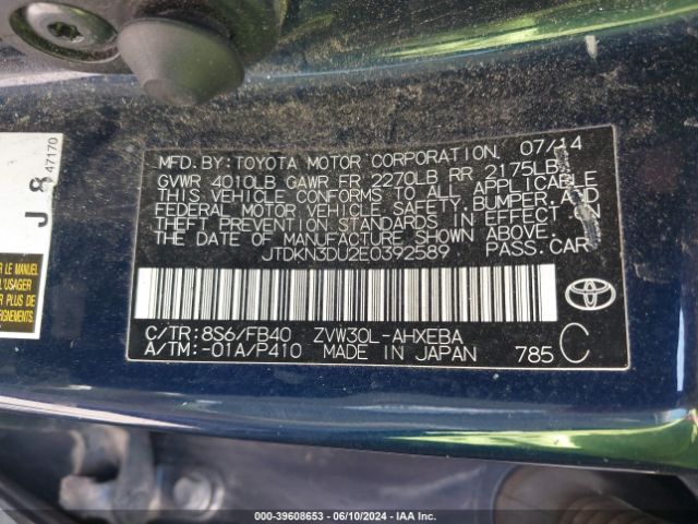 JTDKN3DU2E0392589 Toyota Prius Two