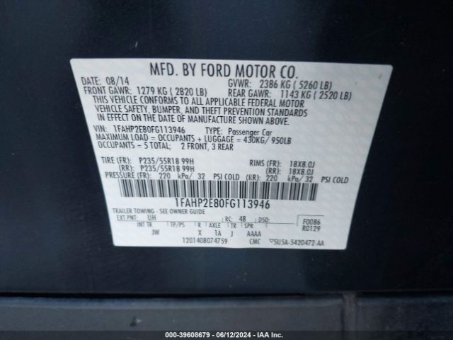 1FAHP2E80FG113946 Ford TAURUS SEL