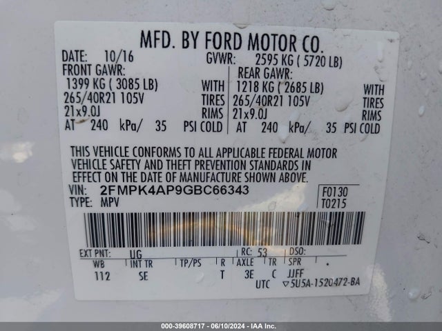 2FMPK4AP9GBC66343 Ford EDGE SPORT